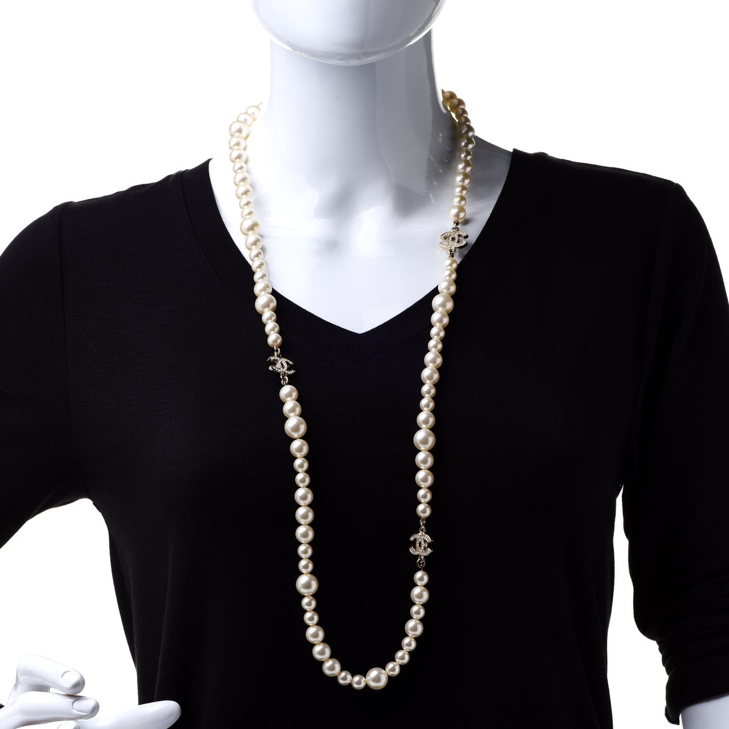 Graduated Pearl Crystal CC Long Necklace Light Gold