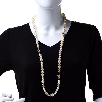 Chanel Graduated Pearl Crystal CC Long Necklace Light Gold 2 of 6