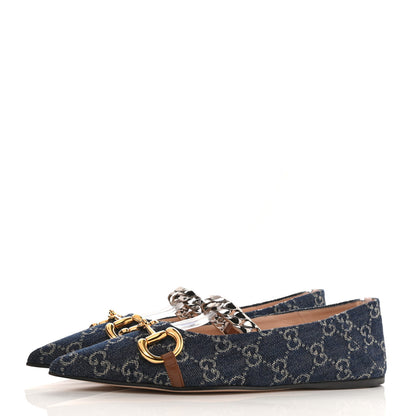 Gucci New Denim GG Monogram Nappa Deva Horsebit Chain Embellished Flats 37.5 Blue Tea Cuir Epilog 3 of 9