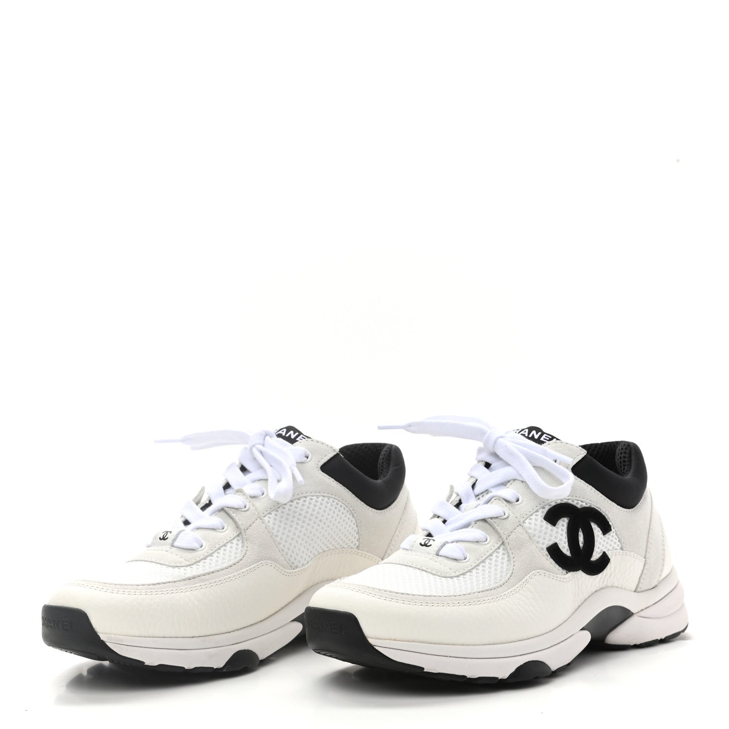 Chanel Mesh Suede Calfskin Grained Calfskin Womens CC Sneakers 37.5 White Black 3 of 9