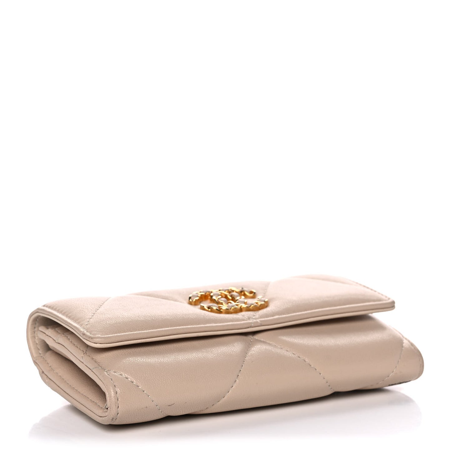 Shiny Goatskin Quilted Chanel 19 Flap Wallet Beige