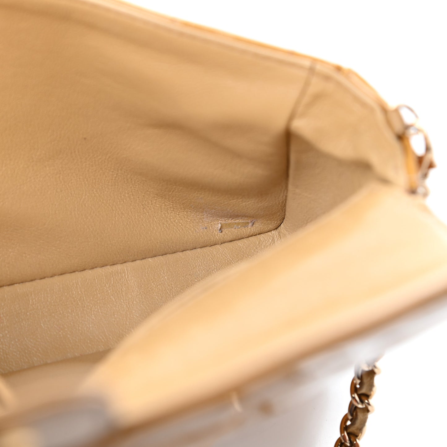 Patent Quilted East West Chocolate Bar Flap Beige