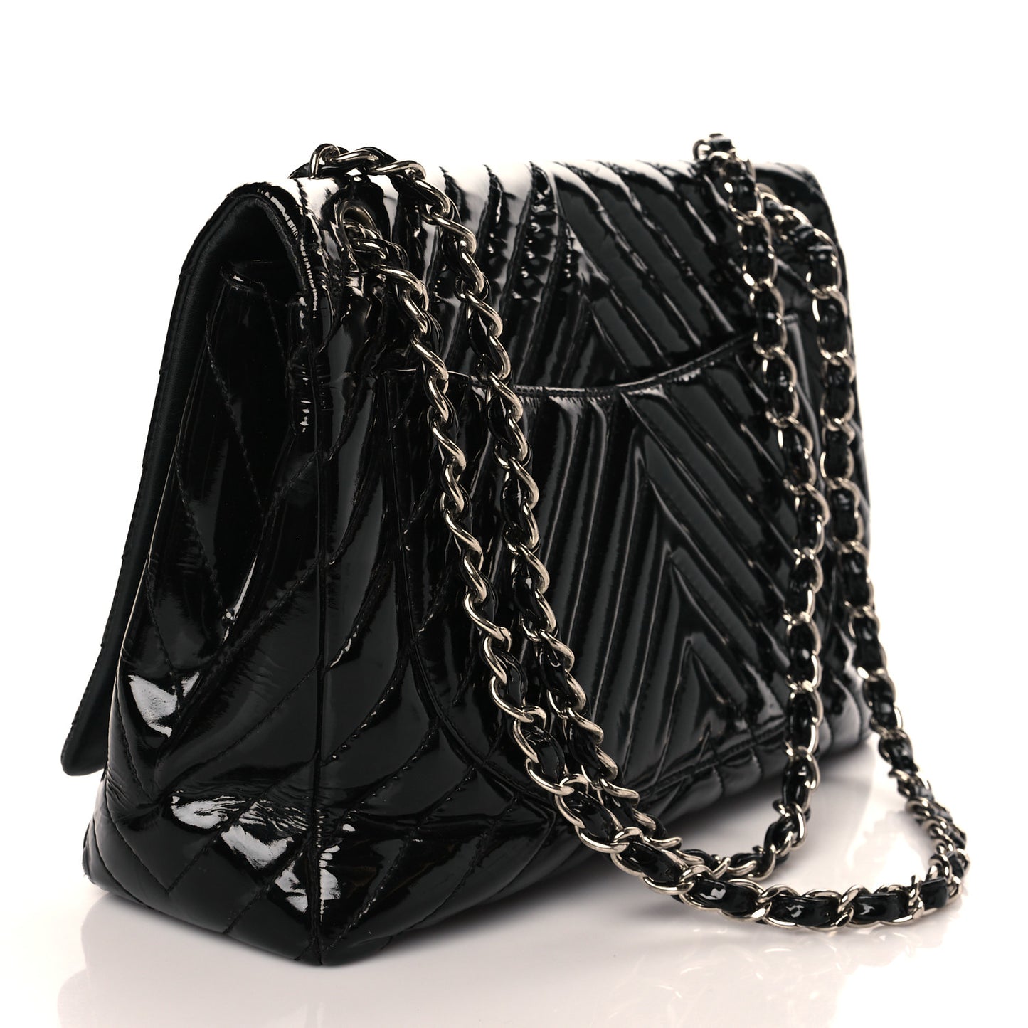 Patent Chevron Quilted Maxi Single Flap Black
