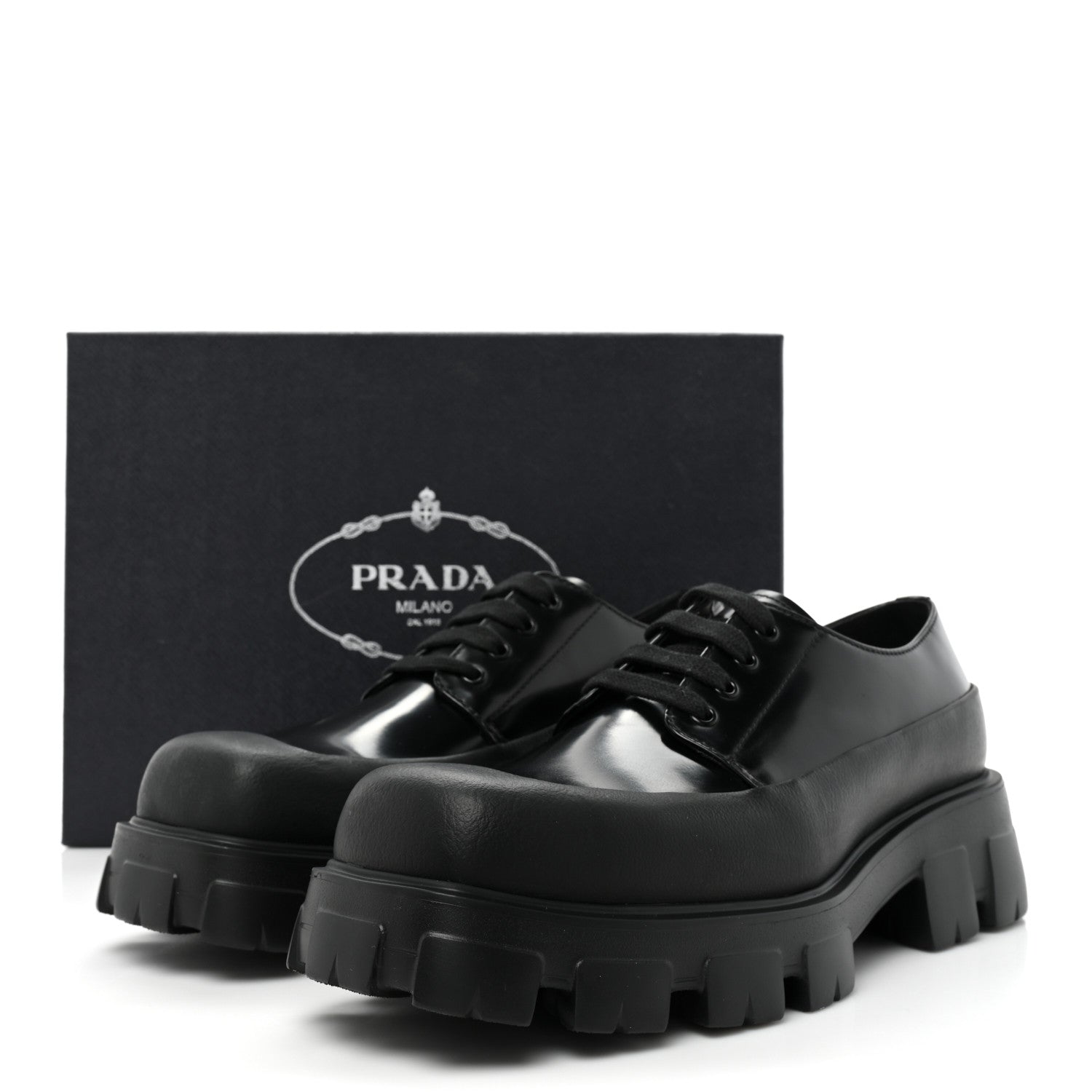 Prada Spazzolato Mens Lace Up 45mm Derby Loafers 8 Black 10 of 10