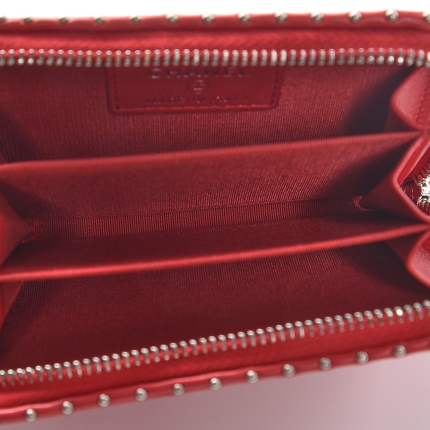 Lambskin Chevron Studded Zip Around Coin Purse Wallet Light Red