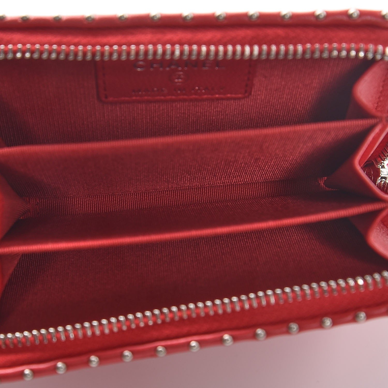 Chanel Lambskin Chevron Studded Zip Around Coin Purse Wallet Light Red 5 of 8