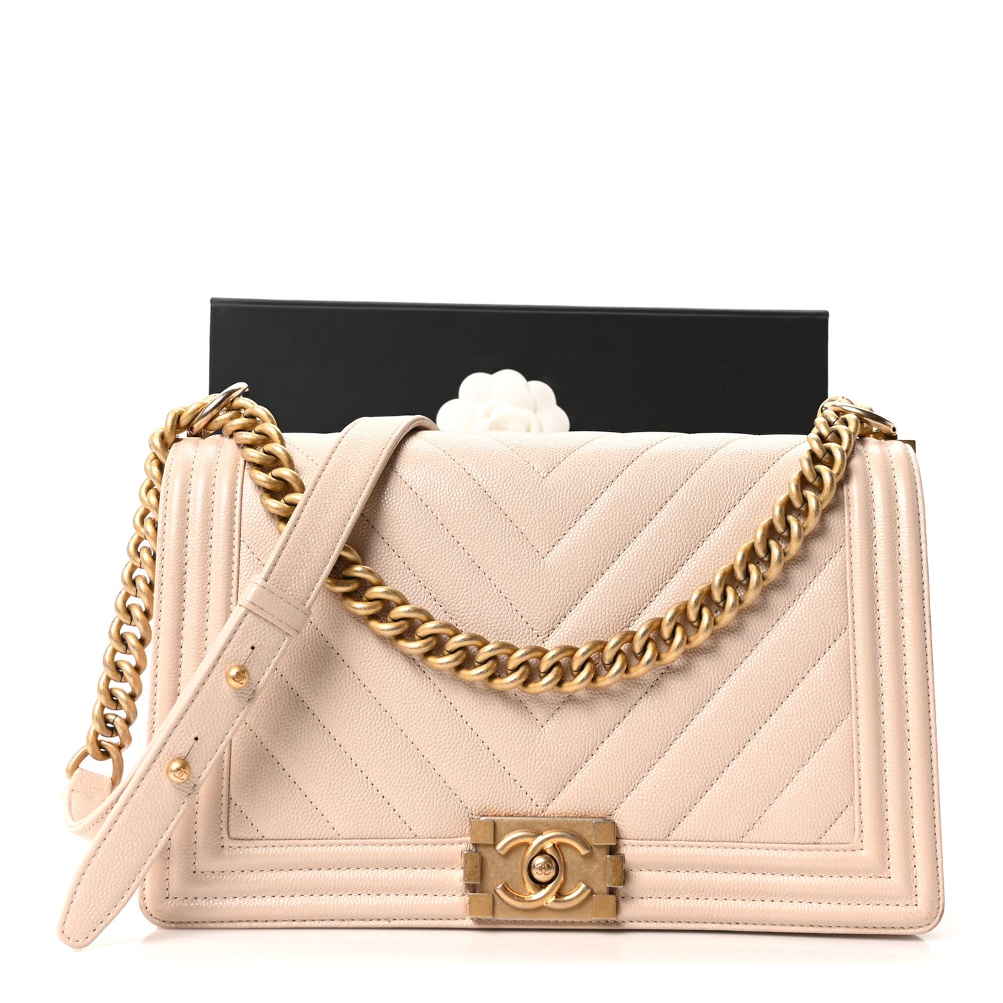 Caviar Chevron Quilted New Medium Boy Flap Beige