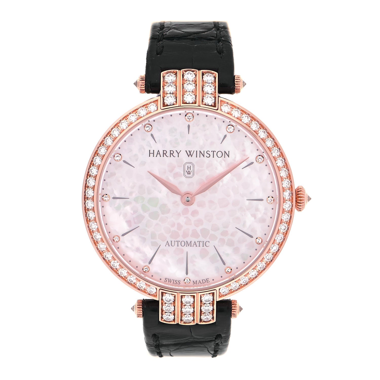 Harry Winston 18K Rose Gold Alligator Diamond Bezel Mother of Pearl Premier 36mm Automatic Watch 1 of 5