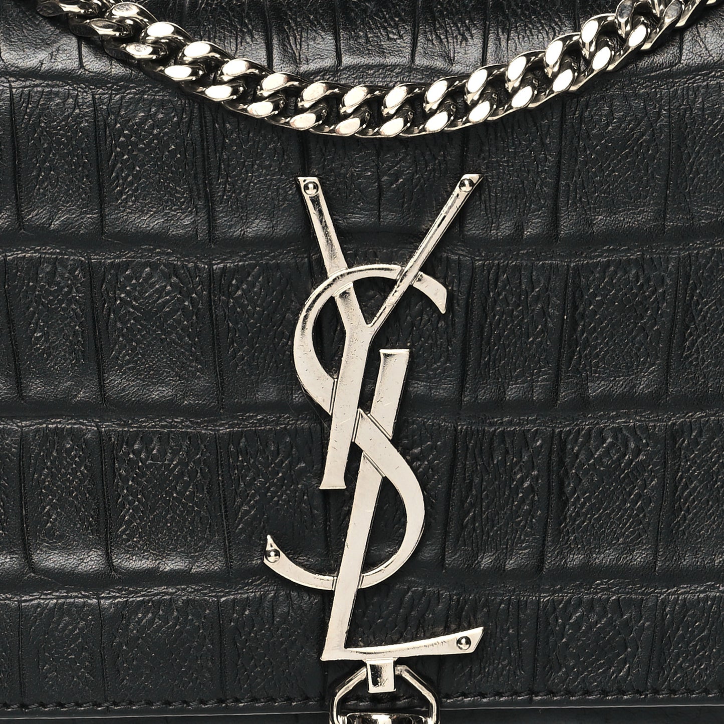 Calfskin Crocodile Embossed Small Classic Monogram Kate Tassel Satchel Black