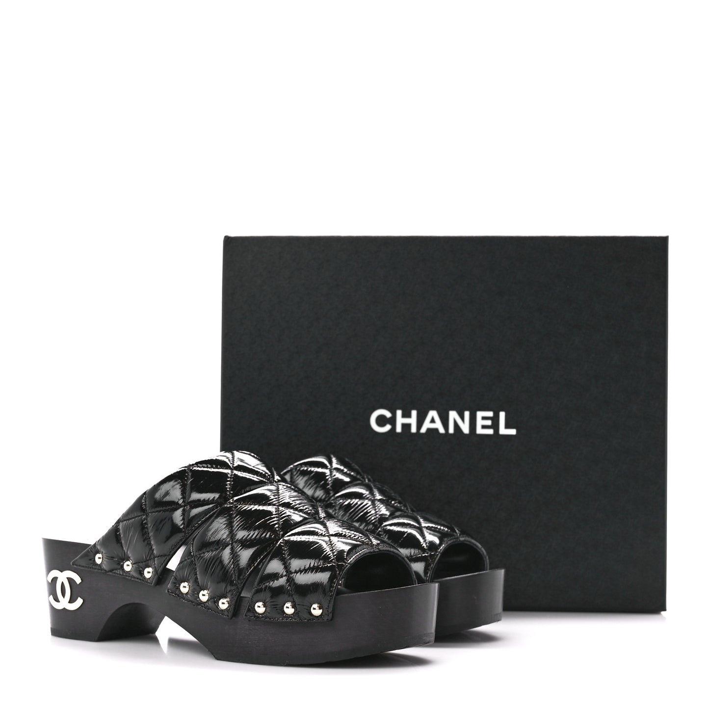 Patent Lambskin Quilted CC Clogs 38 Black