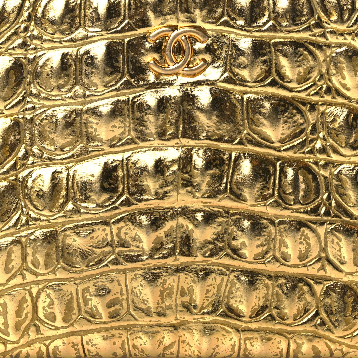 Metallic Calfskin Crocodile Embossed Cocodile Small Cosmetic Case Gold