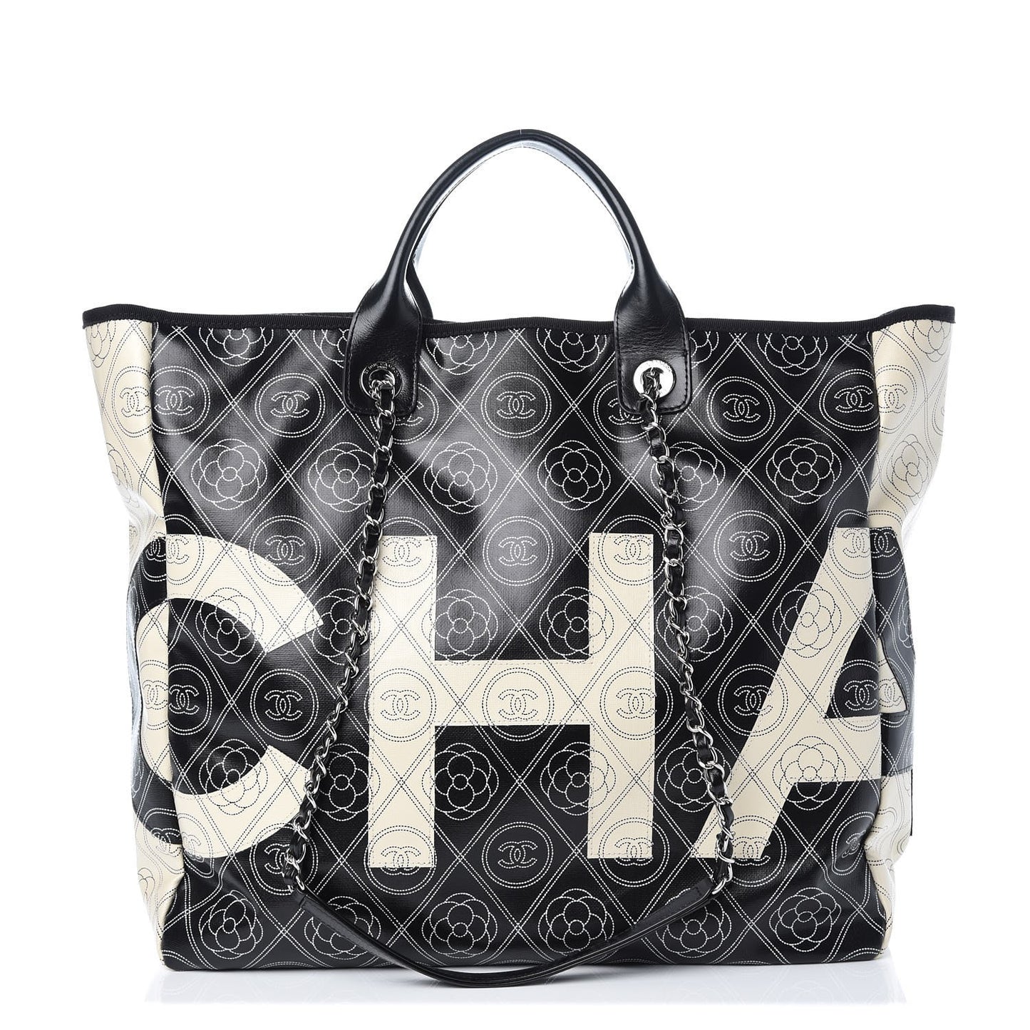 Coated Canvas Camellia Medium Shopping Tote Black Beige