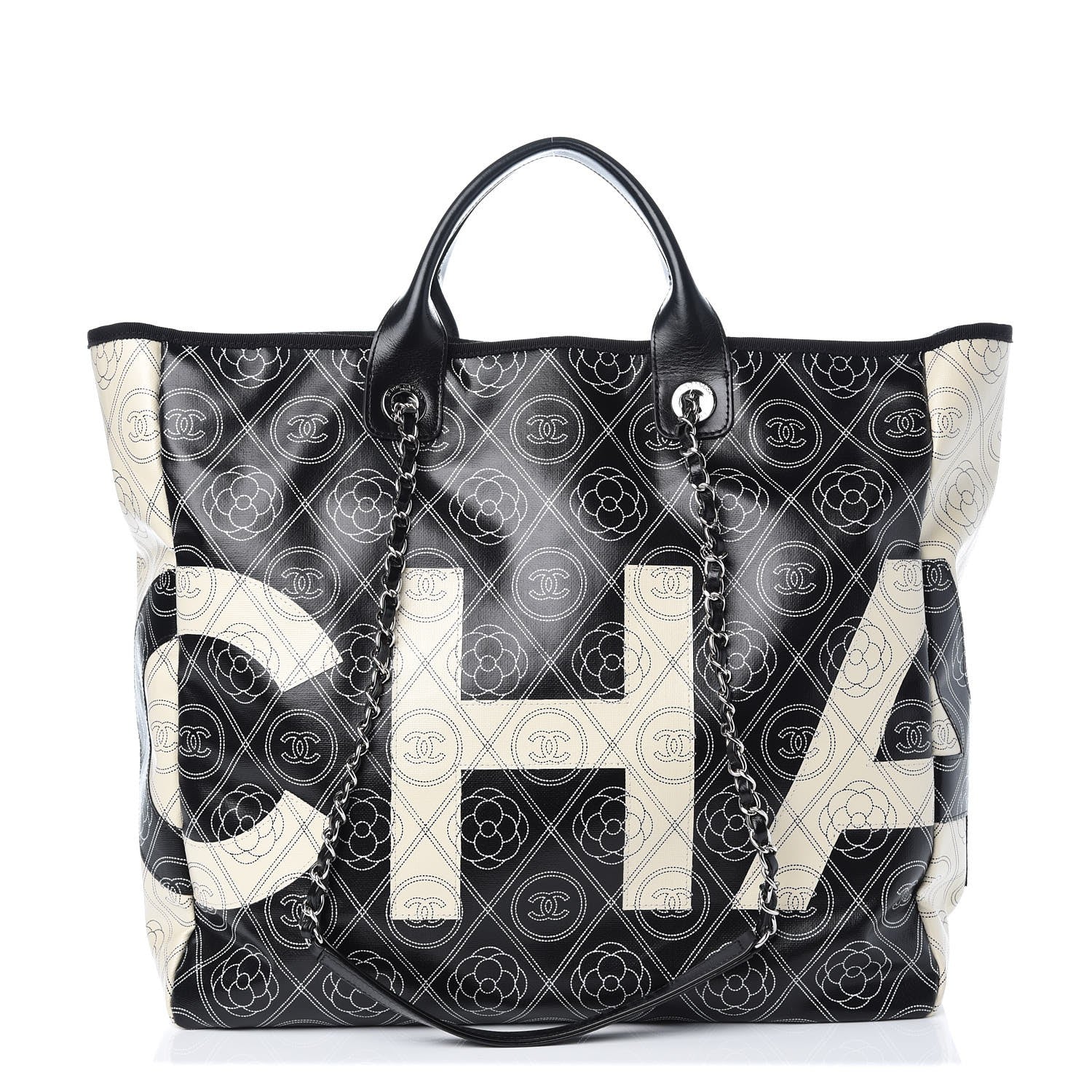 Chanel Coated Canvas Camellia Medium Shopping Tote Black Beige 1 of 8