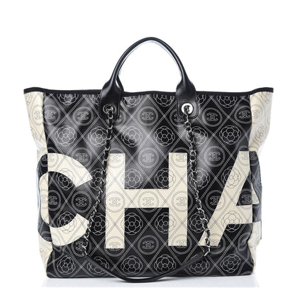 Chanel Coated Canvas Camellia Medium Shopping Tote Black Beige 1 of 8
