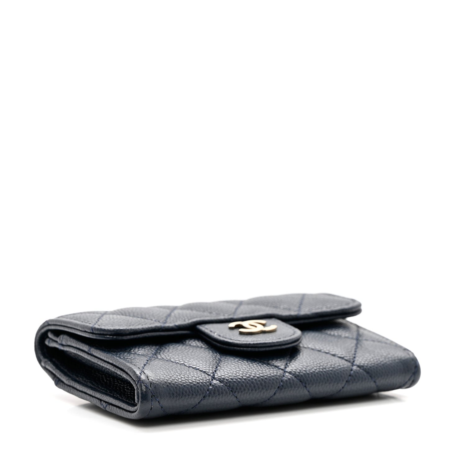 Caviar Quilted Flap Card Holder Wallet Navy Blue