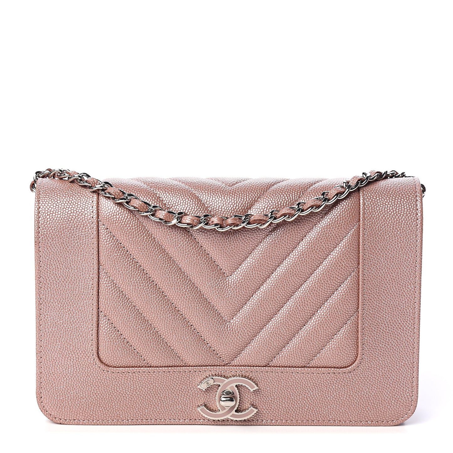 Metallic Caviar Chevron Quilted Vintage Mademoiselle Wallet On Chain WOC Pink