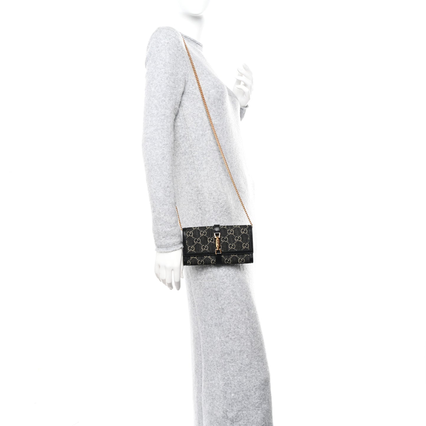 Jacquard Black Denim GG Monogram Textured Dollar Calfskin Jackie 1961 Chain Wallet Black Ivory