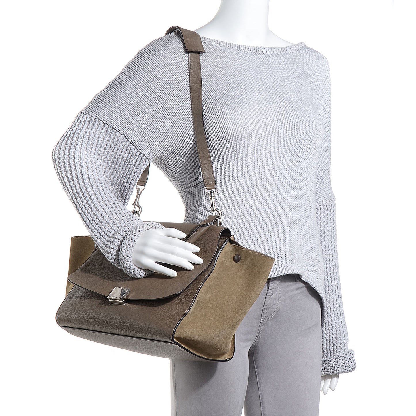 Drummed Calfskin Suede Medium Trapeze Taupe
