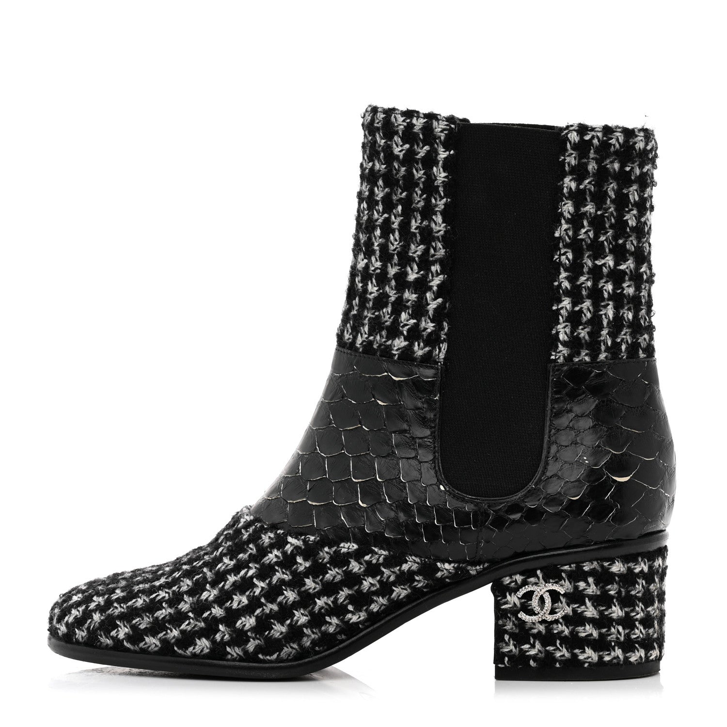 Chanel Fantasy Tweed Snakeskin Short Boots 37 Black 1 of 9