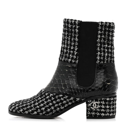 Chanel Fantasy Tweed Snakeskin Short Boots 37 Black 1 of 9