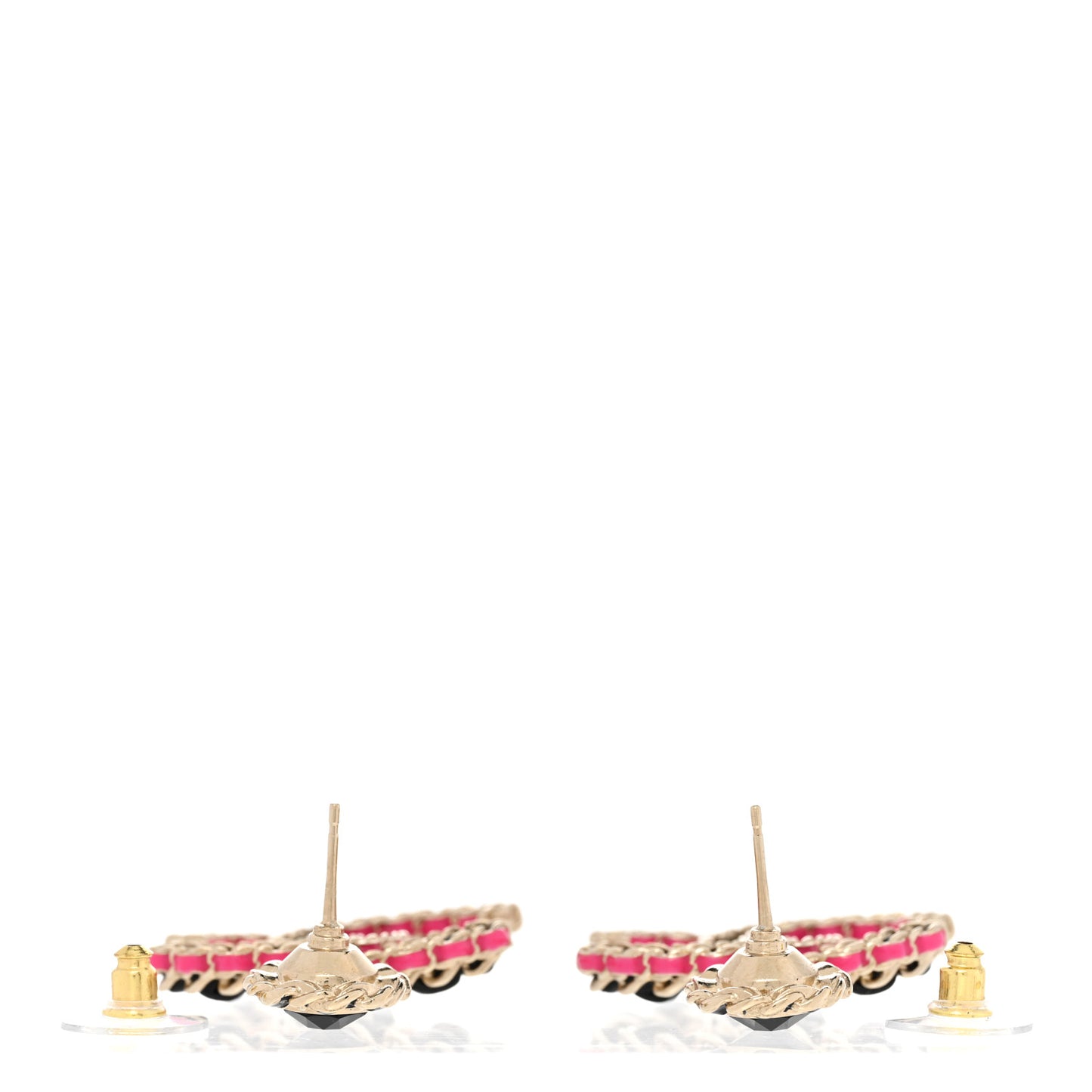 Metal Lambskin CC Chain Drop Earrings Black Gold Pink