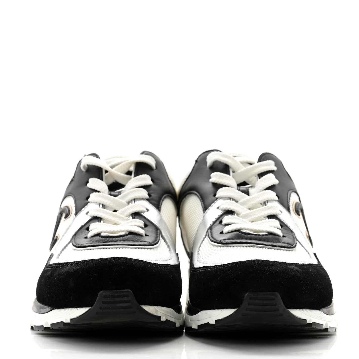 Mesh Suede Calfskin Grained Calfskin Womens CC Sneakers 40 Black White Silver