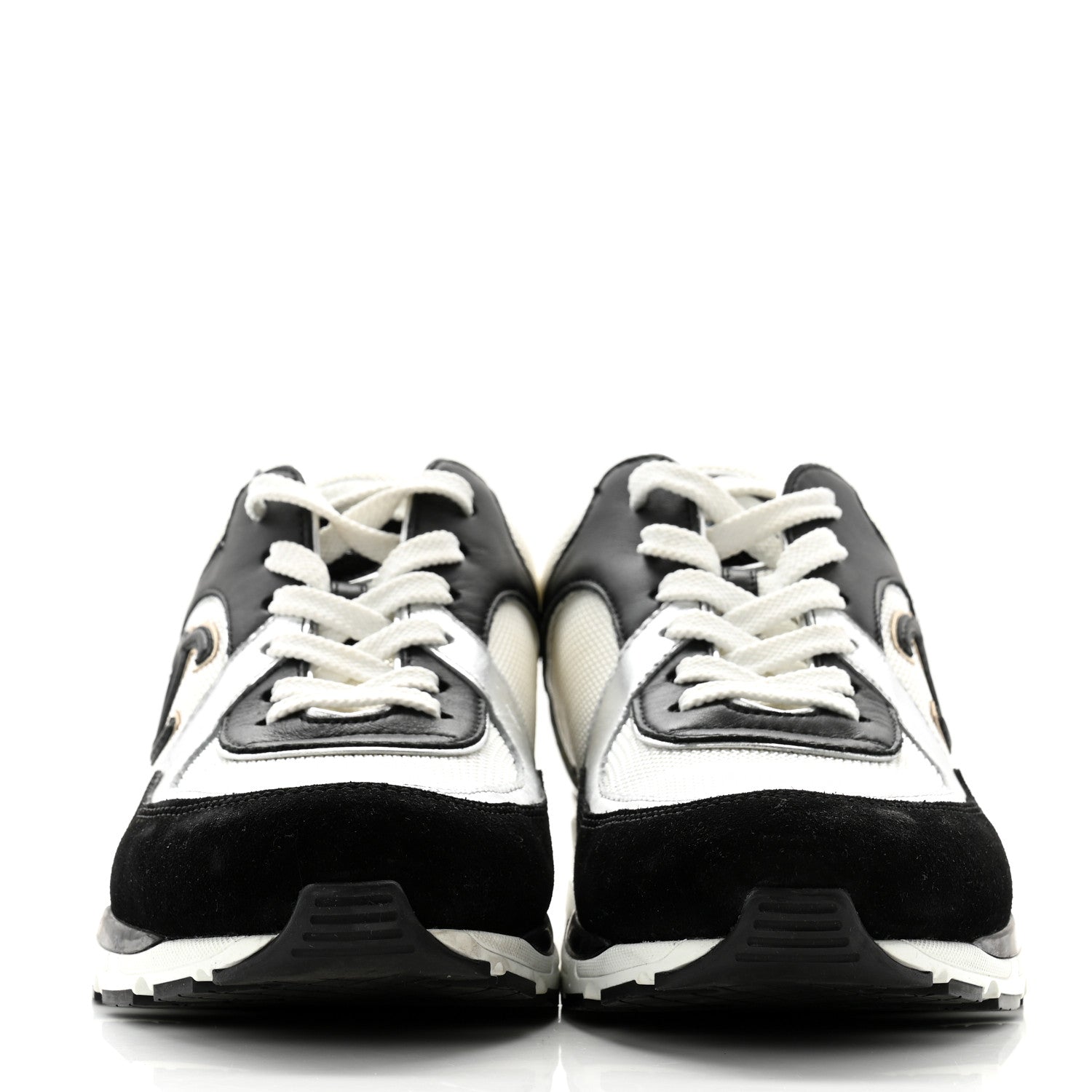 Chanel Mesh Suede Calfskin Grained Calfskin Womens CC Sneakers 40 Black White Silver 2 of 10