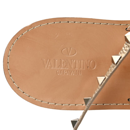 Valentino Garavani Metallic Pebbled Calfskin Rockstud Ankle Wrap Flat Thong Sandals 40 Skin 7 of 9