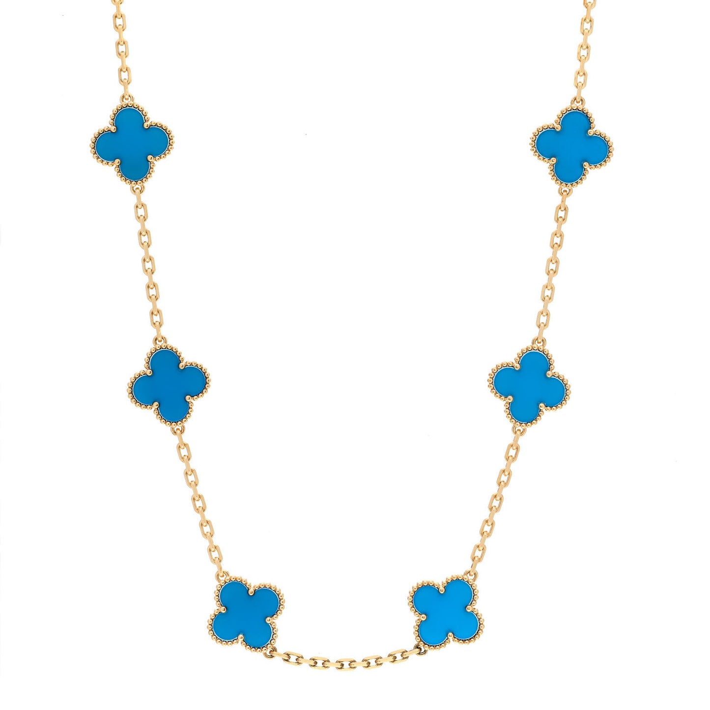 18K Yellow Gold Blue Agate 10 Motifs Vintage Alhambra Necklace