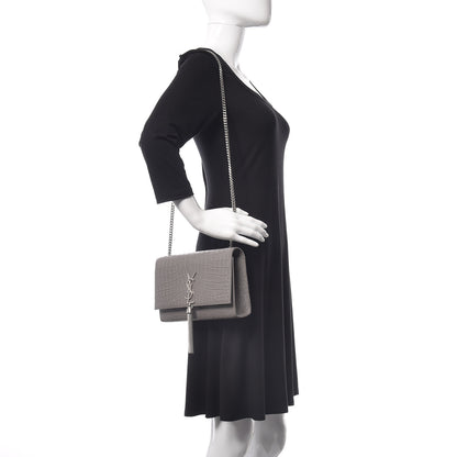 Saint Laurent Calfskin Crocodile Embossed Medium Classic Monogram Kate Tassel Satchel Fog 2 of 15