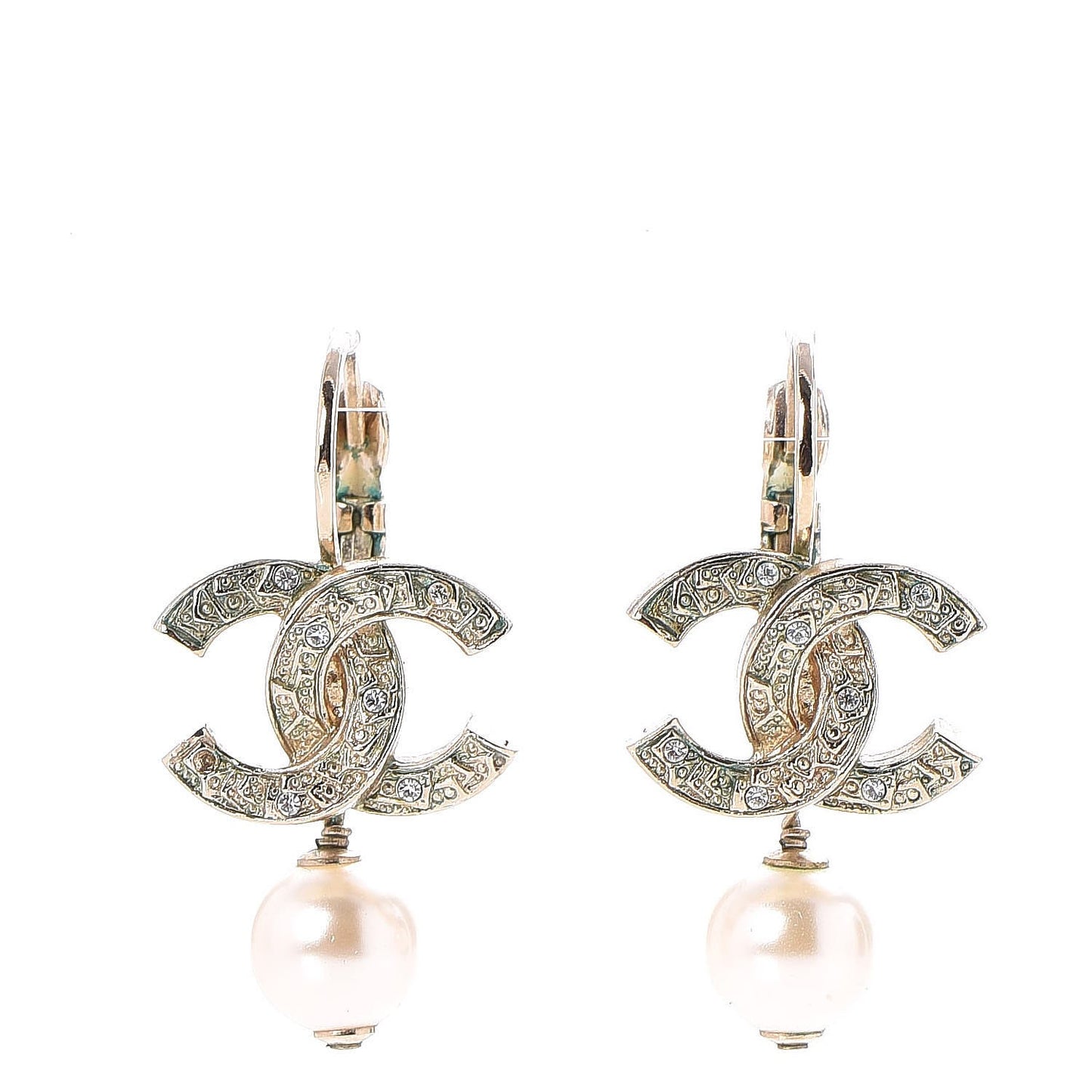 Crystal Pearl CC Drop Earrings Light Gold