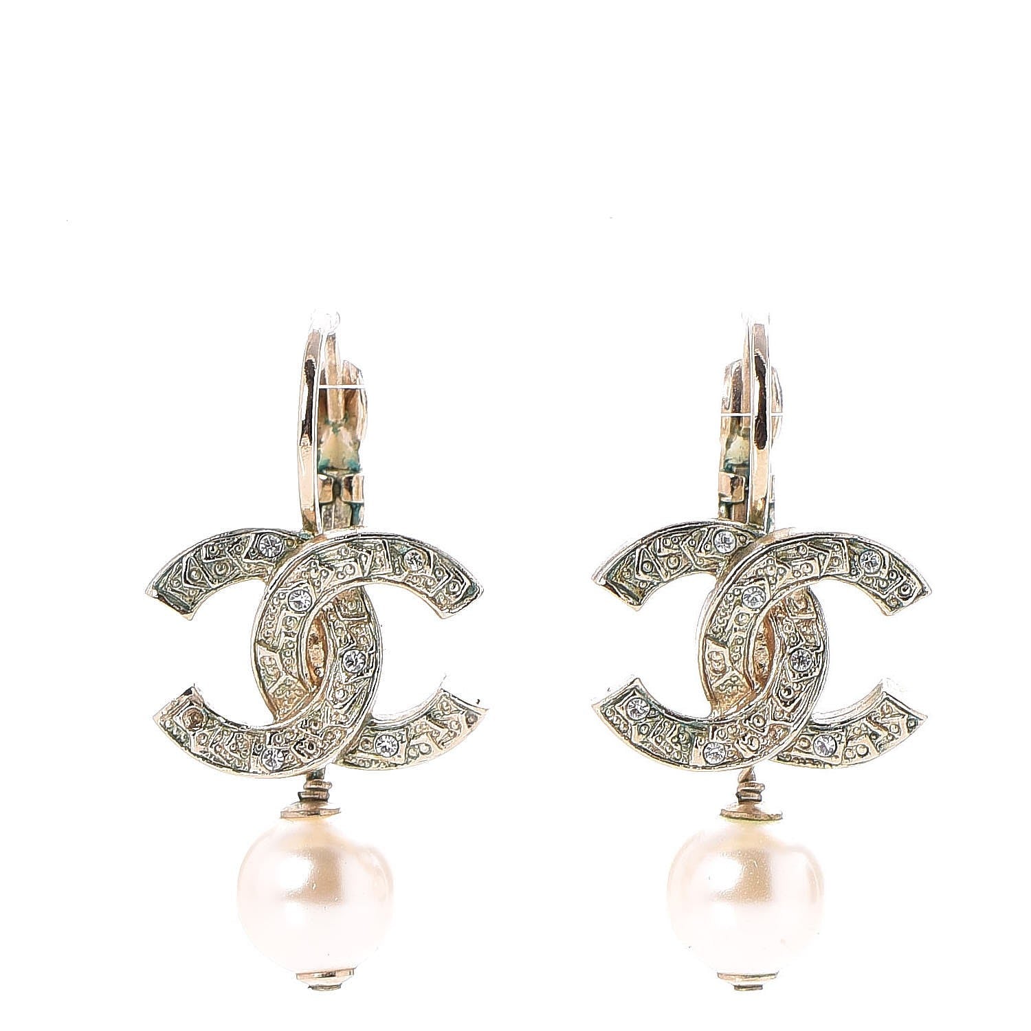 Chanel Crystal Pearl CC Drop Earrings Light Gold 1 of 8