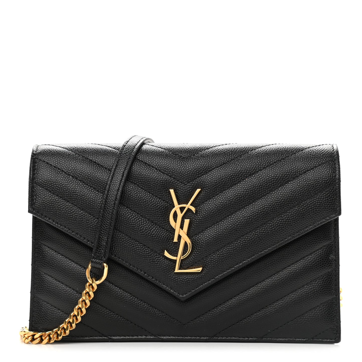 Grain De Poudre Matelasse Chevron Monogram Envelope Chain Wallet Black
