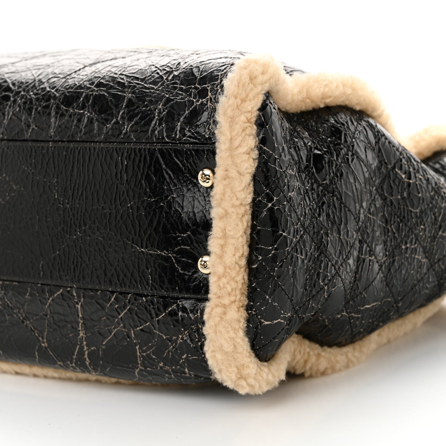 Chanel Shiny Crumpled Sheepskin Shearling CC Mania Tote Bag Black Beige 10 of 11