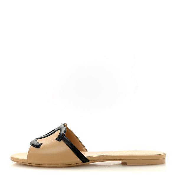 Chanel Lambskin CC Cutout Sandal Mules 39 Beige Black 1891783
