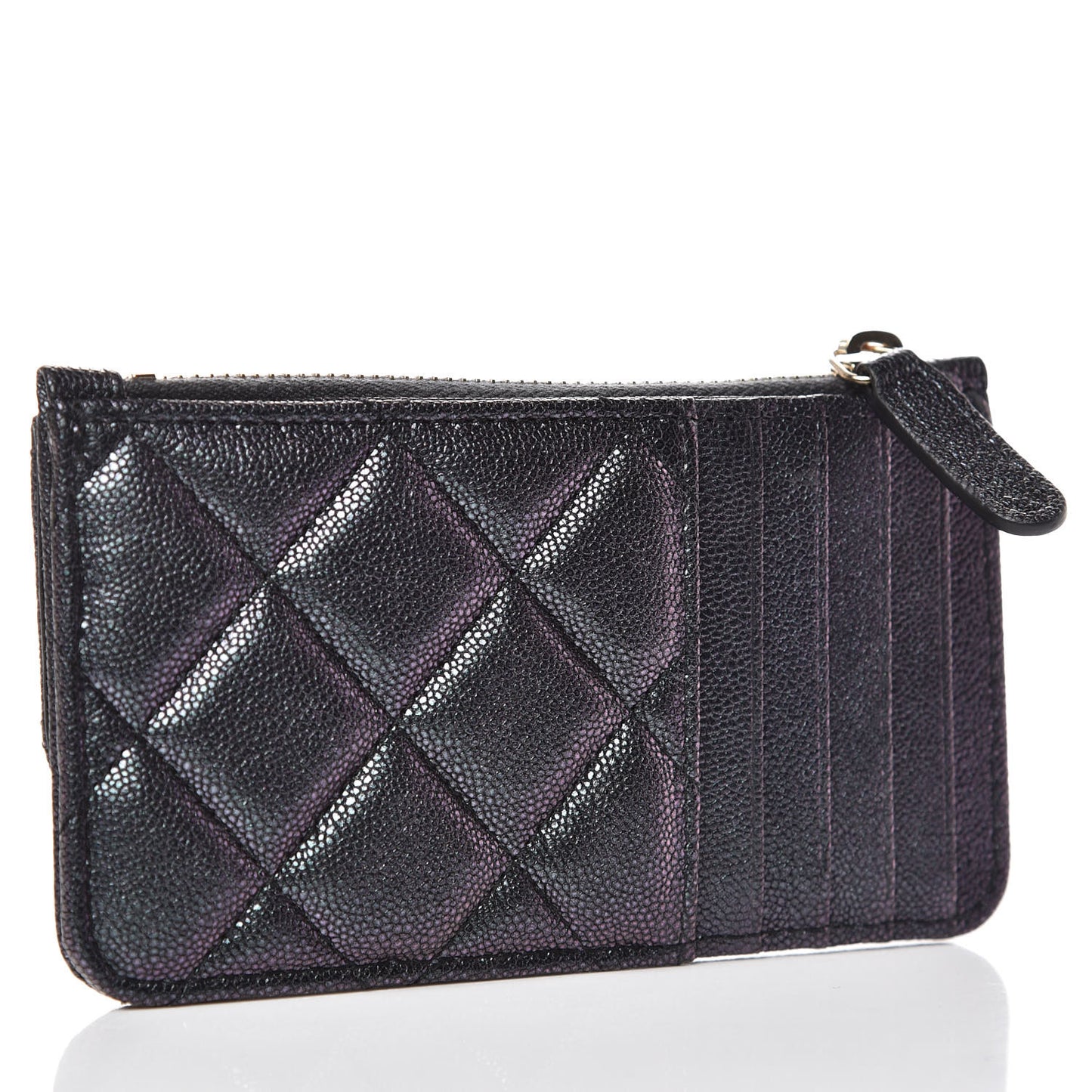 Iridescent Caviar Quilted Flap Zip Card Holder Black