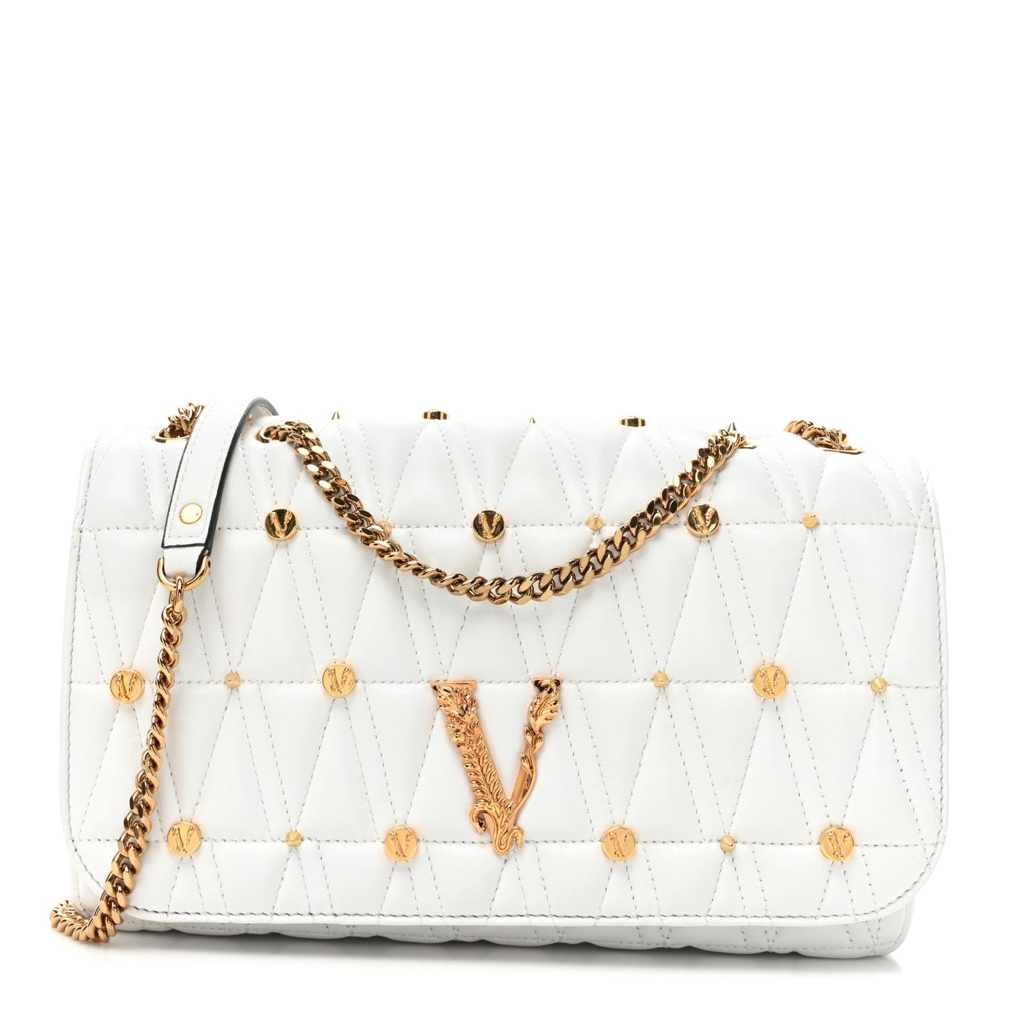 Nappa Quilted Studded Virtus Shoulder Bag White