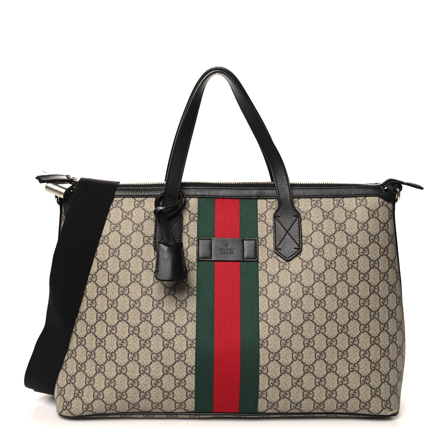 Gucci GG Supreme Monogram Web Medium Zippered Tote Beige Black 1 of 10