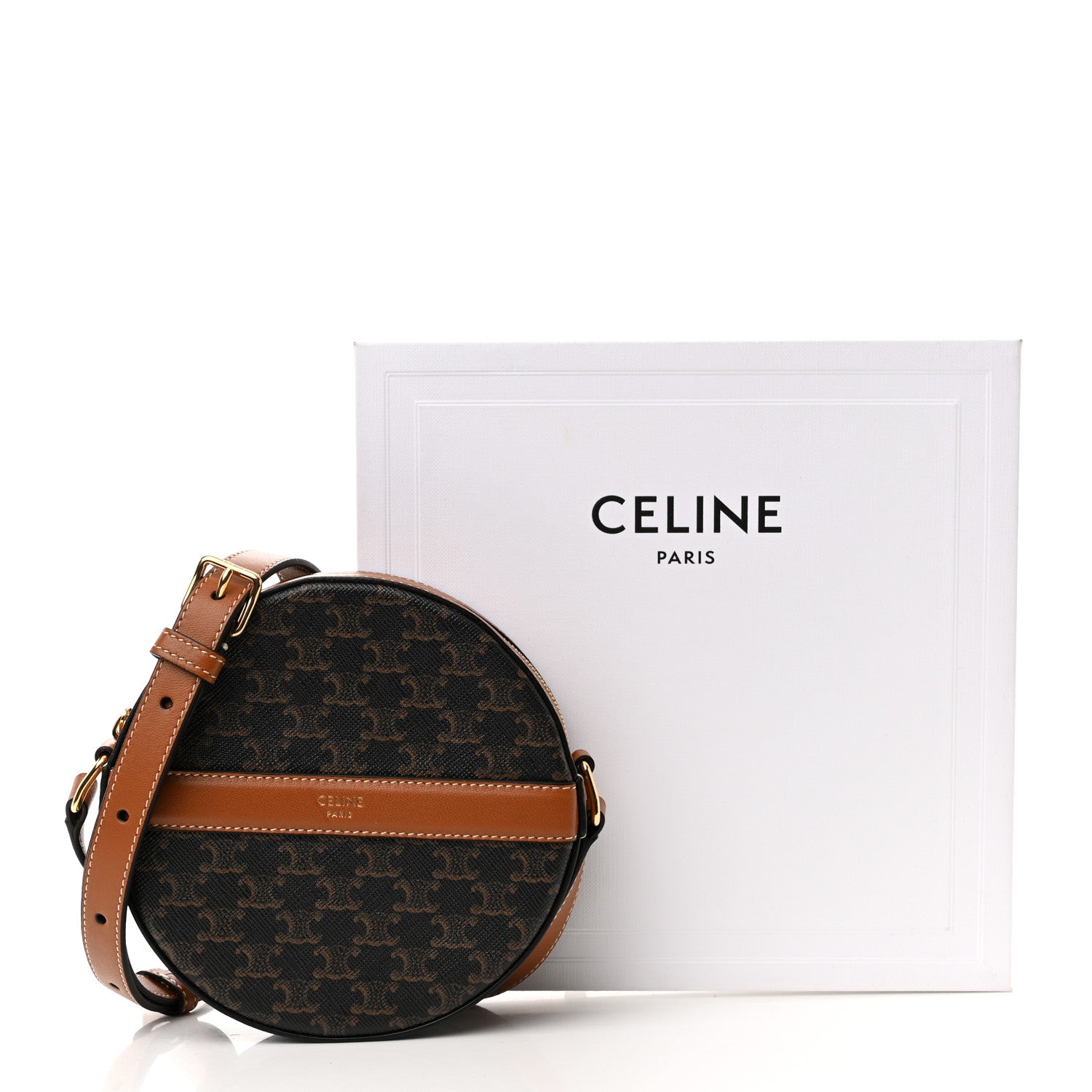 Celine Lambskin Triomphe Canvas Round Purse On Strap Black Tan 11 of 11