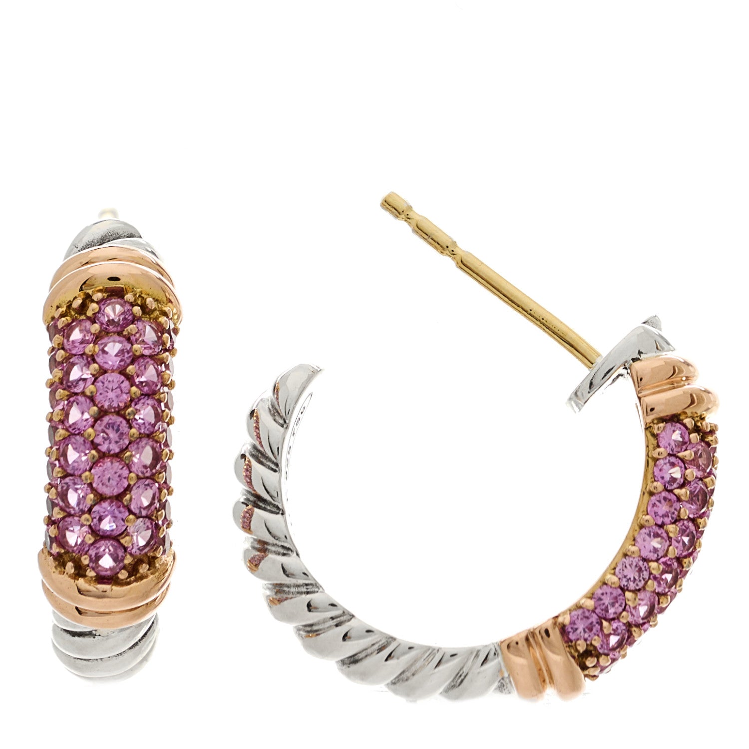 David Yurman Sterling Silver 18K Rose Gold Pink Sapphire Metro Hoop Earrings 1 of 5