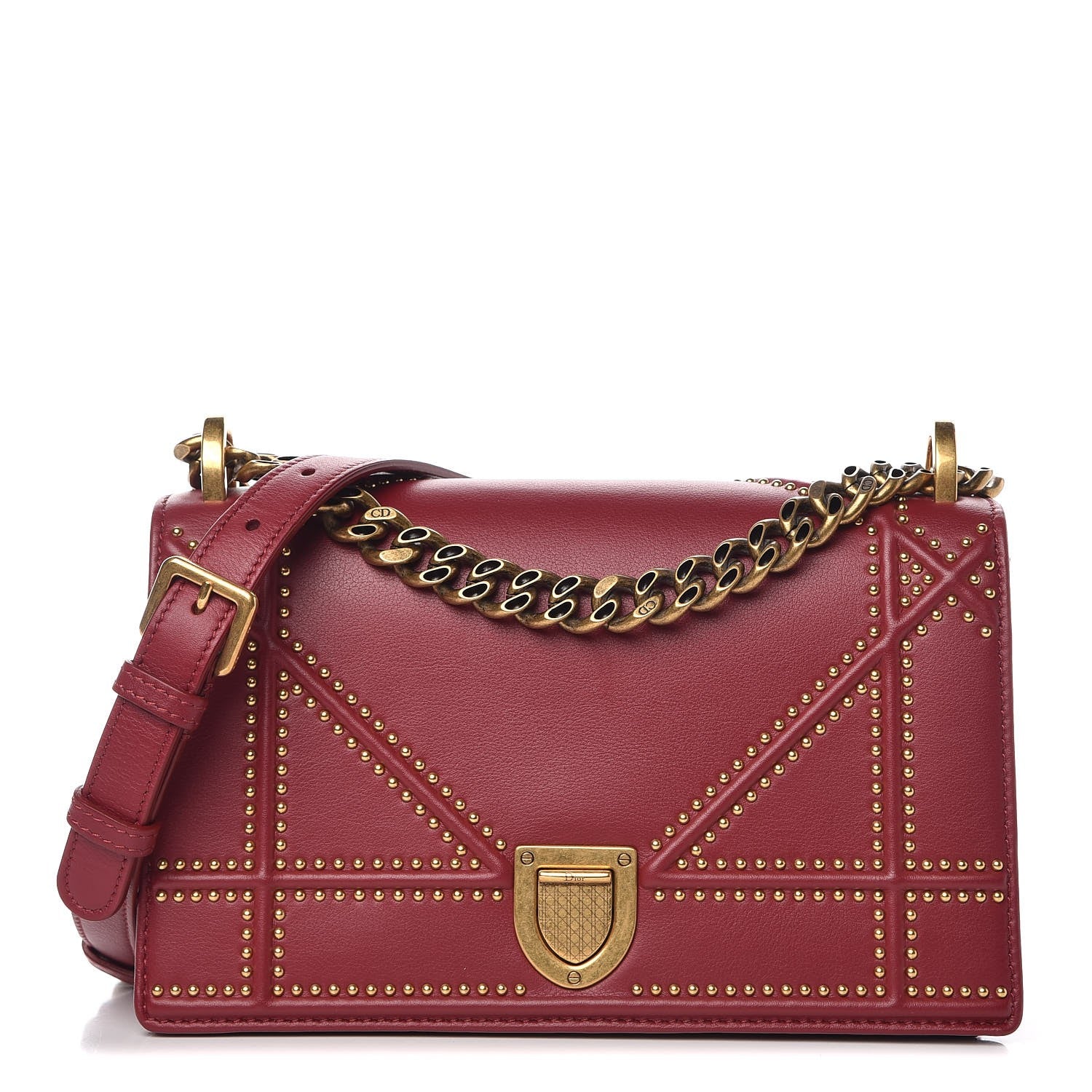 Christian Dior Calfskin Studded Small Diorama Flap Bag Burgundy 1 of 8