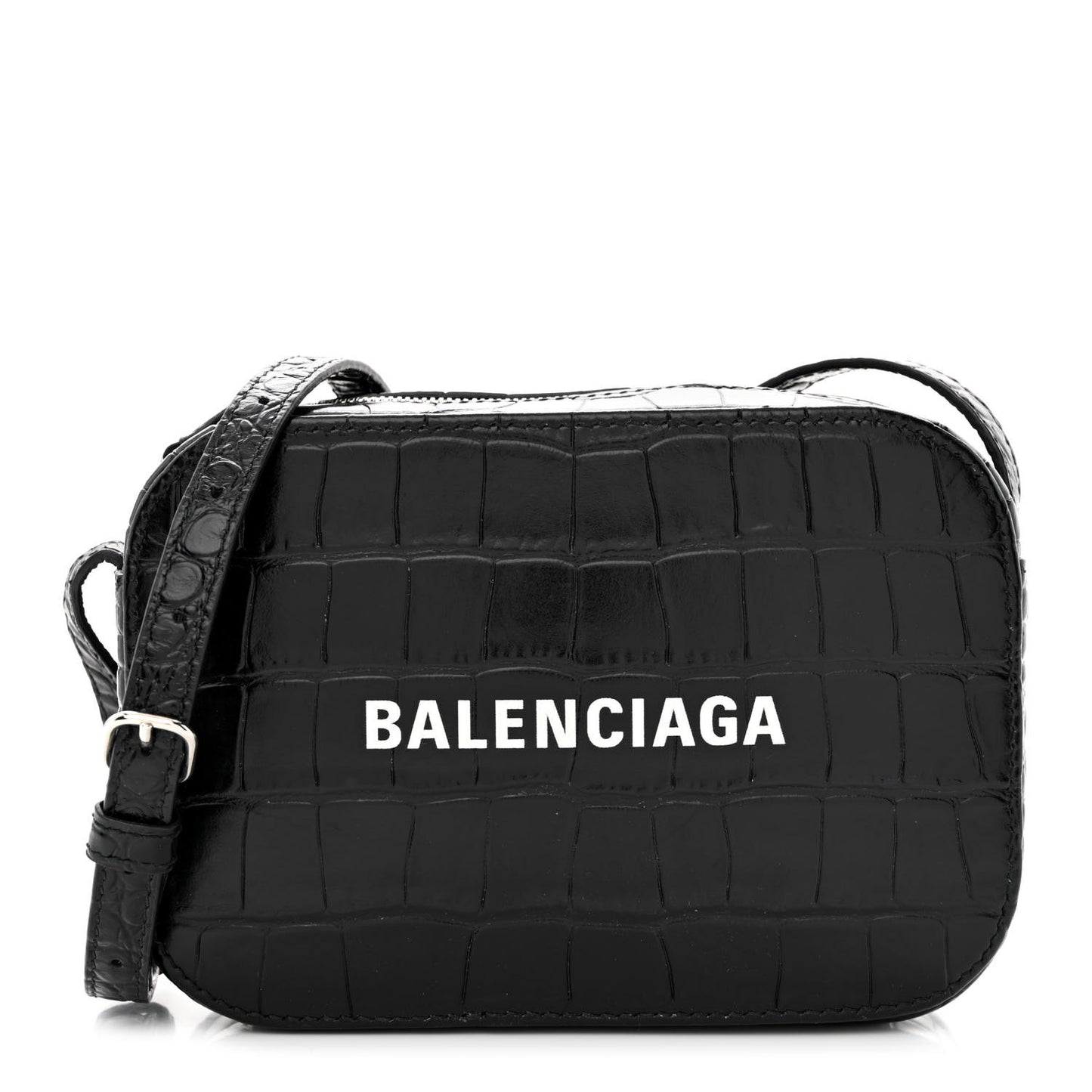 Shiny Calfskin Logo Crocodile Embossed XS Everyday Camera Bag Black