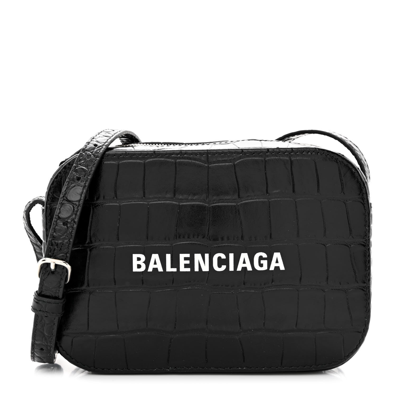 Balenciaga Shiny Calfskin Logo Crocodile Embossed XS Everyday Camera Bag Black 1 of 12