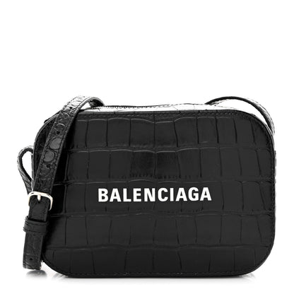 Balenciaga Shiny Calfskin Logo Crocodile Embossed XS Everyday Camera Bag Black 1 of 12