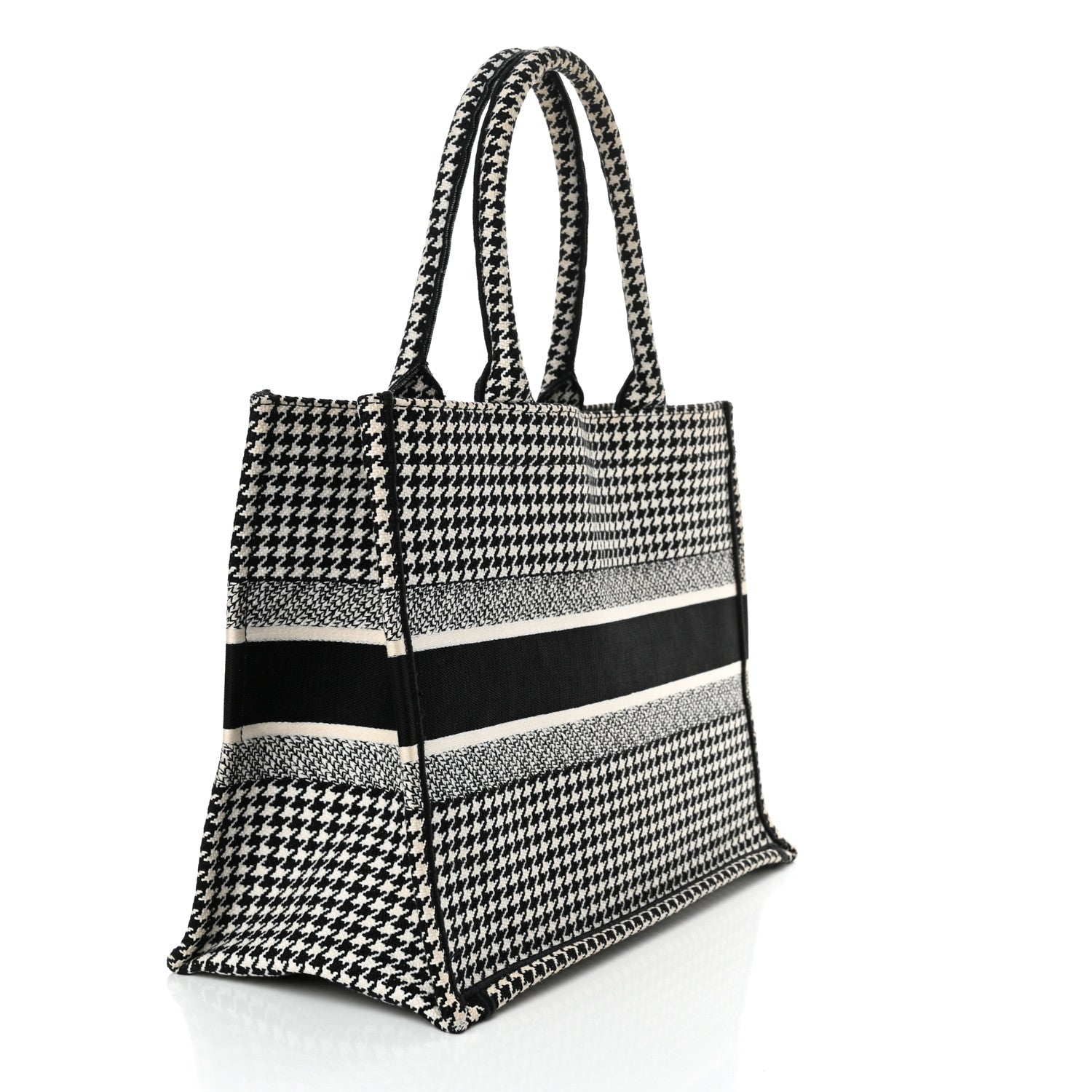 Christian Dior Canvas Houndstooth Embroidered Medium Book Tote Black White 3 of 17