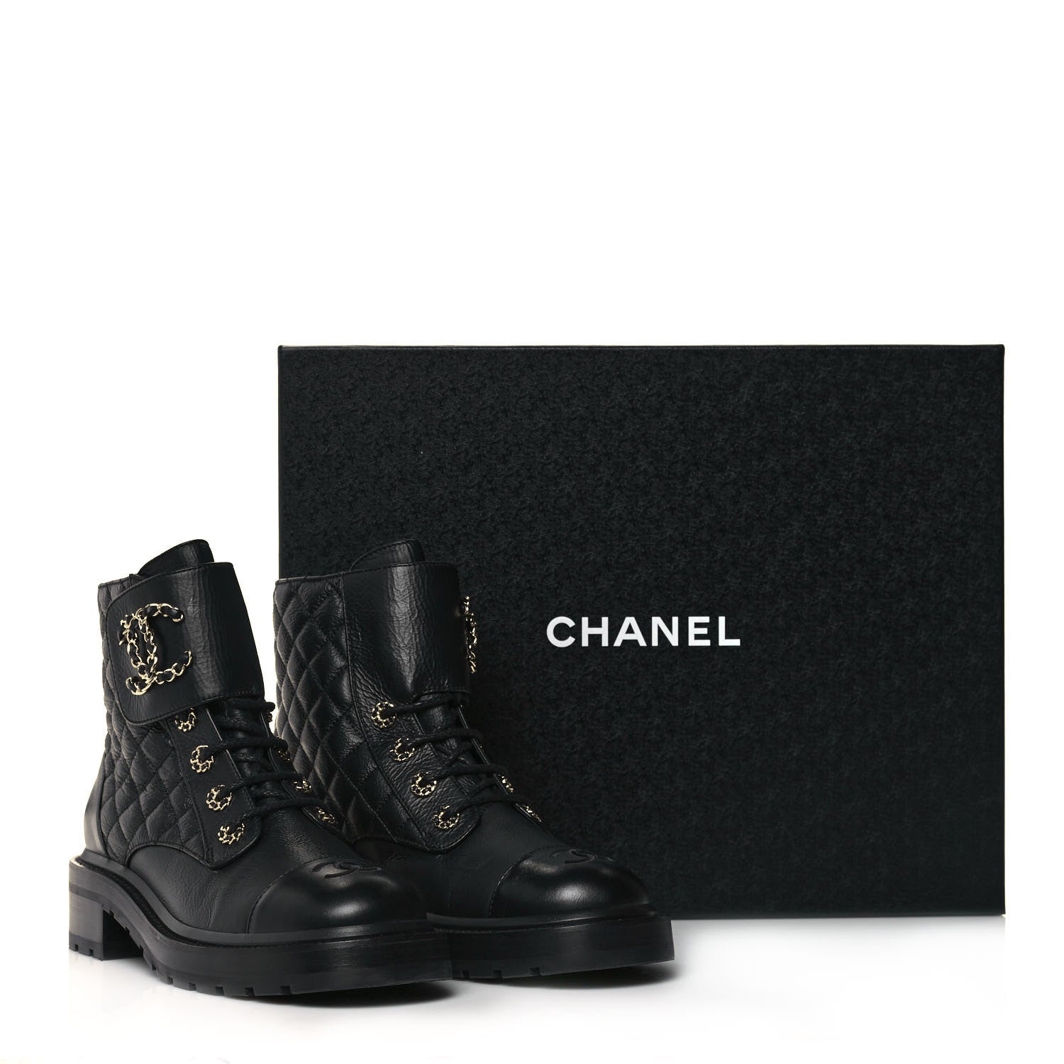 Chanel Shiny Goatskin Calfskin Quilted Lace Up Combat Boots 39.5 Black 10 of 10