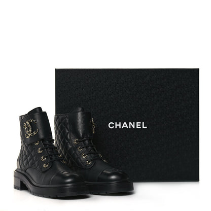 Chanel Shiny Goatskin Calfskin Quilted Lace Up Combat Boots 39.5 Black 10 of 10