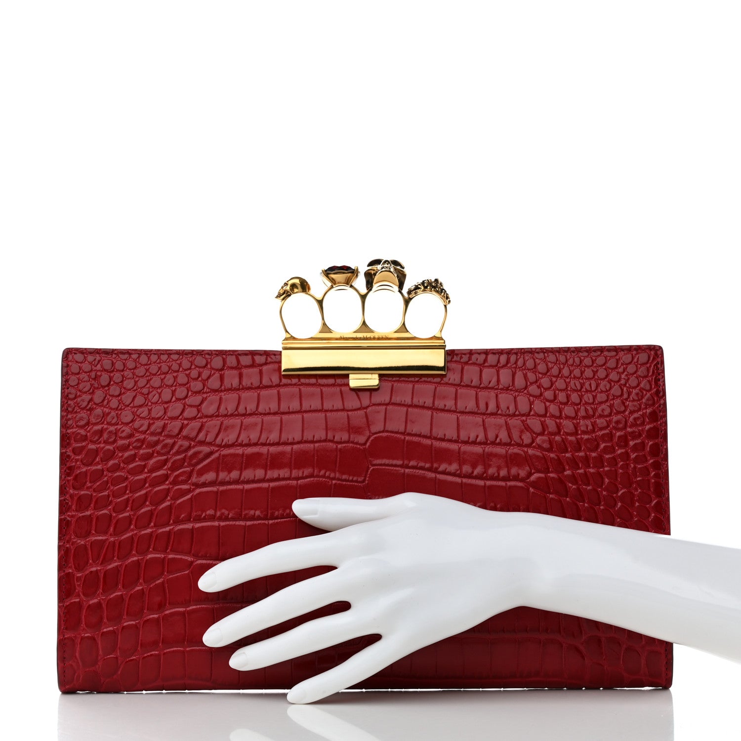 Alexander McQueen Calfskin Crocodile Embossed Knuckle Flat Clutch Red 2 of 9