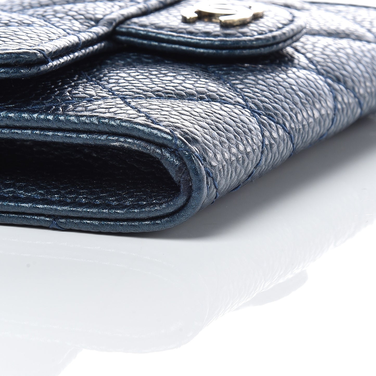 Iridescent Caviar Quilted Flap Card Holder Dark Blue