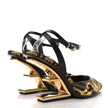Fendi X VERSACE Silk Calfskin Fendace Fendi First 95mm Slingback Sandals 37.5 Tobacco Black Gold 4 of 7